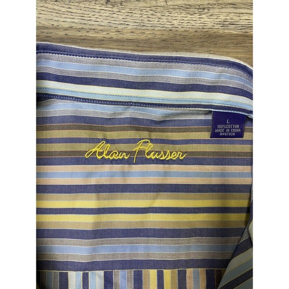 Alan Flusser Button Down Men's Size Large Striped Dress Shirt‎ Blue Yellow - Picture 3 of 9
